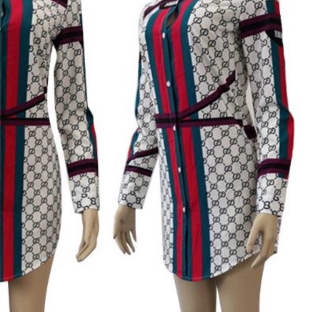 Button-Front Mini Dress in Cream with Red and Teal Stripes